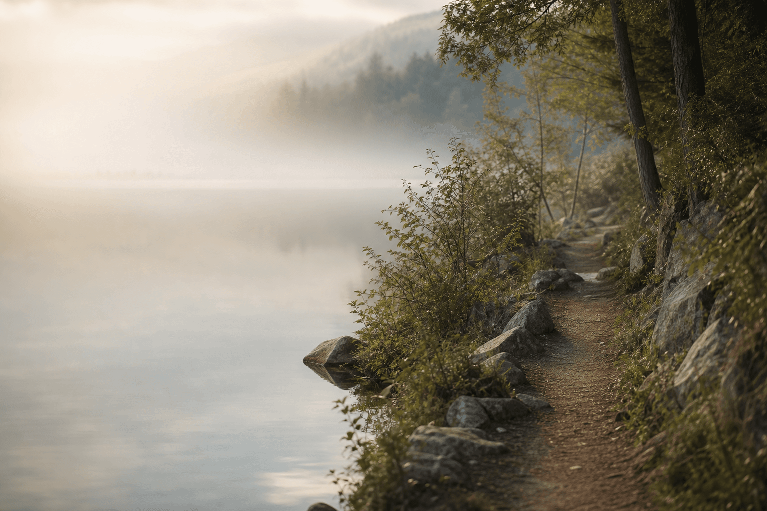 A quiet wooded path beside still water in soft morning light